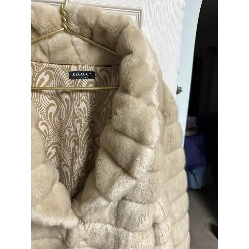 IDEOLOGY LIGHT TAN BROWN FAUX FUR JACKET RETRO STYLE Honey Coat Soft XL Hook Eye - Picture 5 of 10